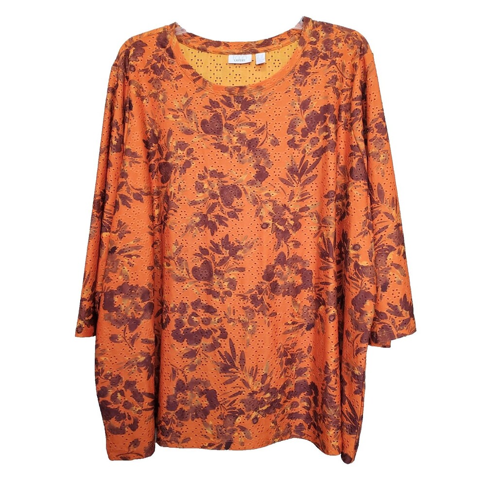 LOGO Layers by Lori Goldstein Orange Floral Eyelet 3/4 Sleeve Tunic Size 2X